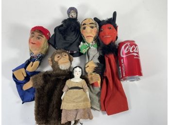 FOUR ANTIQUE PUPPETS AND TWO DOLLS, MONKEY PUPPET MAY BE EARLY STEIFF