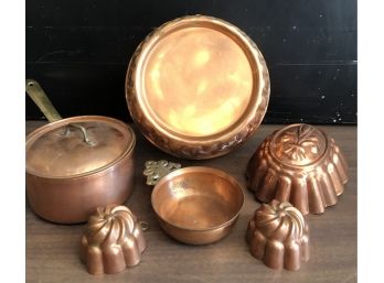 Group Of Copper - Molds, Taous Pot, Handled Bowl