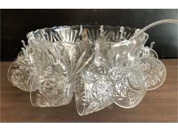 Pressed Glass Punch Bowl With 12 Cups, Hooks And Ladle