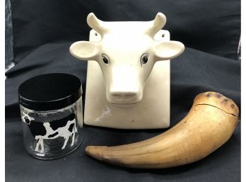 Cow Lot - Wall Hook, Genuine Horn And A Lidded Jar