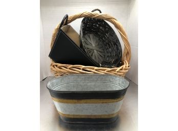 Nice Group Of Baskets - Tin, Leather, Wicker