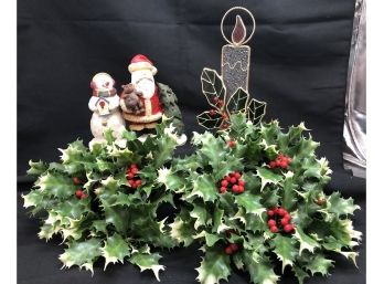 Holiday Decor - Plastic Holly, Glass Candle Votive, Santa Figurine