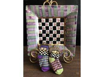 Two MacKensie Childs Sock Change Purses And A Square Plate W/ Crack