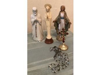 Religious Figures And One  Rosaries- One Figure Is Lenox- 6.25'h