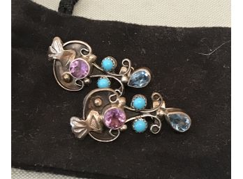 Pair Of Great Sterling Earrings With Amethyst, Turquoise And A  Blue Stone