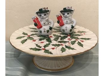 Lenox 'Holly' Christmas Cake Pedestal & Snowman Salt & Pepper Shakers