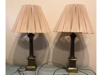 Pair Of Brass Clad Pillar Lamps