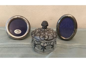 Two Miniature Silver Plate Frames & Glass Jar With Lid And Silver