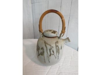 Japanese Raku Style Pottery Teapot With Bamboo Handle