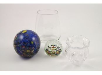 4 Piece Art Glass Vases Orb And Paperweight