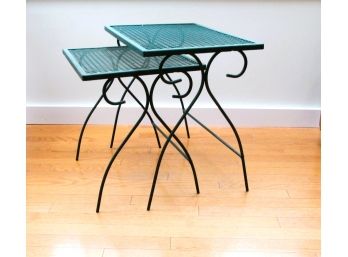 Pair Of Outdoor Green Metal Mesh Tables