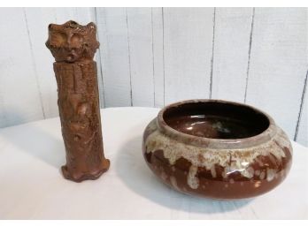 Squat Drip Glaze Vase And Rooted In Clay Bark Vase