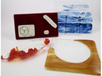 Fused Art Glass Cheese Serving Trays & Cracker Bowl Lot