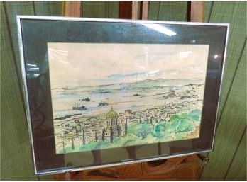 Original Watercolor European Harbor Village Scene Signed