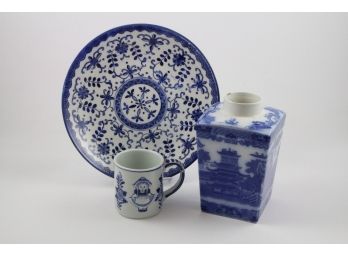 Signed Trio Blue & White Porcelain