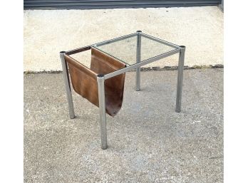 Vintage Chrome And Glass Side Table With Vinyl Magazine Or Record Holder