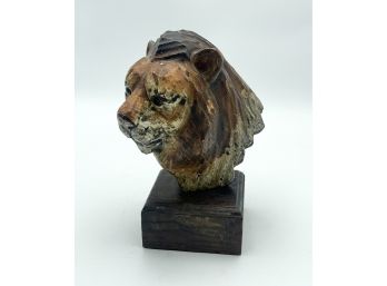 Vintage Hand Carved And Painted Folk Art Lion Sculpture