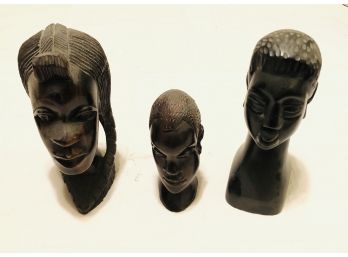 Lot Of 3 African Hand Carved Wooden Busts