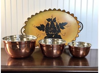 Set Of Four Copper Mixing Bowls And Vintage Painted Tray
