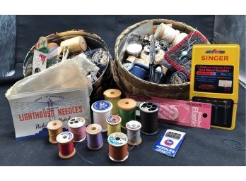 Two Tins FULL Of Sewing Thread And Accessories