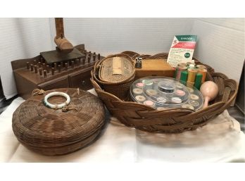 Vintage Sewing Items - Hemming Measure, Thread, Spool Box, More