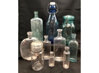 Interesting Lot Of Bottles - Blue, Green, Clear, All Shapes And Sizes