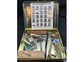 Interesting Things In A Tin - Razors, Key Thermometer, Antique Sunoco Car Coin Collection, More!