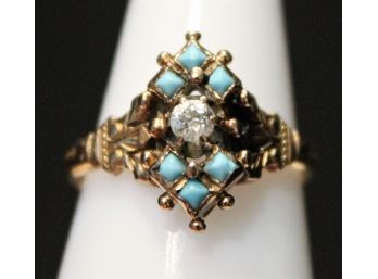 Lovely Vintage 18K Yellow Gold Diamond & Turquoise Ladies Ring, Size 6.5