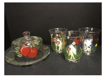 Painted Glass Candle Holders And Covered Cheese Plate
