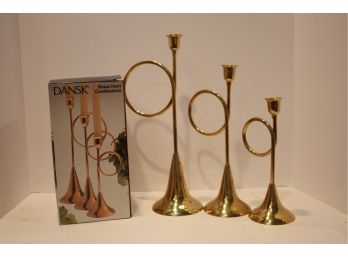 Set Of 3 DANSK Brass Horn Candlesticks Taper Candle Holders