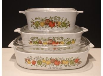 Three Vintage Corning Ware 'Spice Of Life' Casserole Dishes W/Pyrex Lids