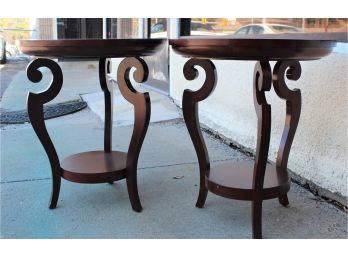 Beautiful Pair Of Uttermost Round Cherry Stain Wood Side Tables