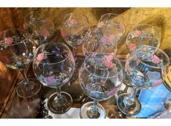 9 Vintage Pink Floral Wine Glasses