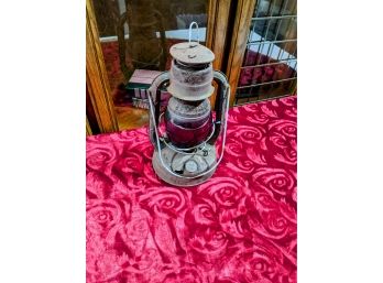 Very Rustic Oil Lantern W/ Red Glass