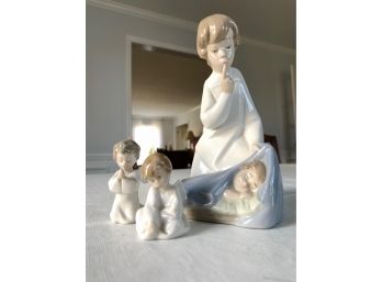 Lladro 'Angel With Child' 4635 & Two Mini Angel Ornaments 1604
