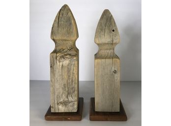 Architectural Study - Pair Of Mounted Fence Finials - Resawn Antique Oak Base