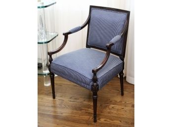 Carved Wood Blue And White Striped Upholstered Chair