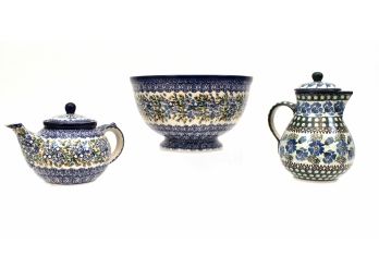 Three Pieces Of Boleslawiec Historic European Stoneware - Large Pedestal Bowl, Soup Tureen And Casserole Dish