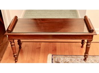 English Custom Made Mahogany Reception Hall Bench With Scroll Ends And Glass Top (RETAIL $1,250)