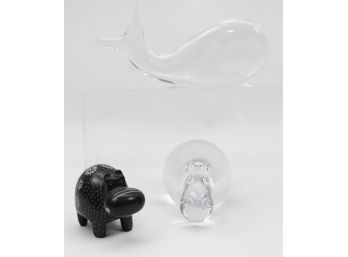 Kosta Boda Glass Jonah And The Whale Designed By Vicke Lindstrand, Kosta Boda Signed Hippopotamus By Paul Hoff And African Carved Soapstone Hippopotamus