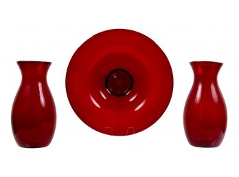 Pair Of Cranberry Glass Vases And Pedestal Bowl Purchased From William Doyle Galleries In 1981