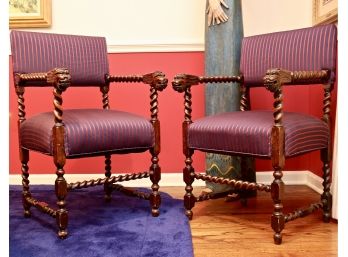 Vintage Pair Of Renaissance Revival Carved Barley Twist Arm Chairs