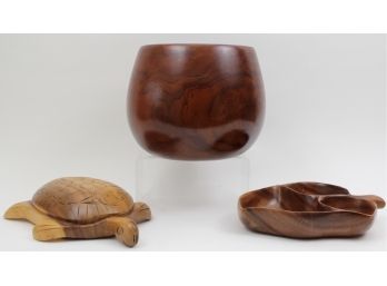 Vintage Signed Blair Hawaii Koa Wood Bowls And Turtle