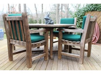 Vintage Barlow Tyrie Round Genuine Teak Table And Four Arm Chairs With Green Cushions