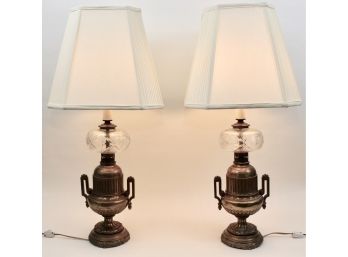 Pair Of Antique Bronze And Crystal Glass Urn Style Lamps
