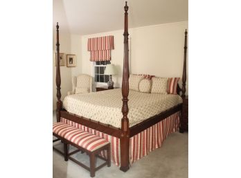 Classic Wood Four Poster Queen Size Bed, Custom Bedding, Custom Bench And Custom Drapes