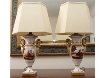 Pair Of French Porcelain Hand Painted Urn Style Table Lamps