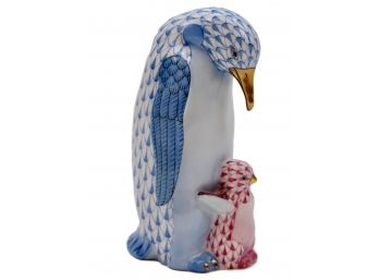 Herend Hungry Blue Penguin With Raspberry Baby Figurine (RETAIL $615)