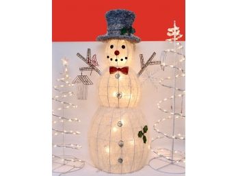 Lighted Snowman And Two Spiral Trees Holiday Decor