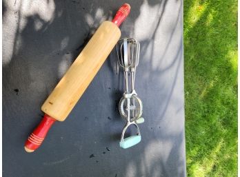 Vintage Rolling Pin And Egg Beater
